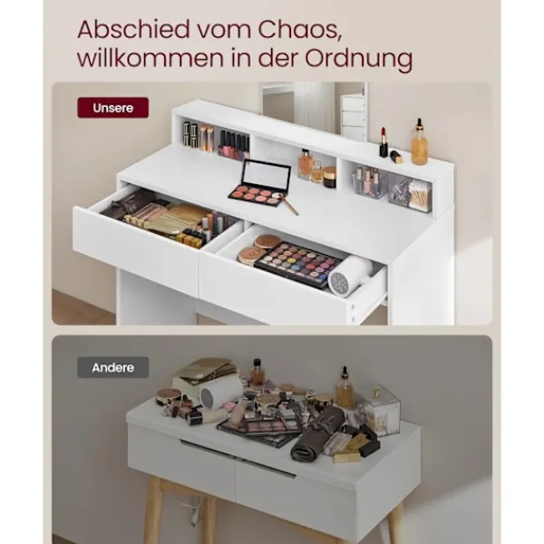 Pavil Sminkbord>VASAGLE Sminkbord med stor spegel 2 lådor 3 öppna fack Kosmetikbord Modernt Vit