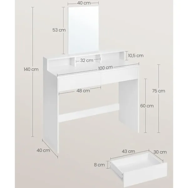 Pavil Sminkbord>VASAGLE Sminkbord med stor spegel 2 lådor 3 öppna fack Kosmetikbord Modernt Vit