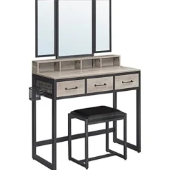 Pavil Sminkbord>VASAGLE Sminkbord med vadderad pall, trippelspegel, 3 lådor, grå och svart