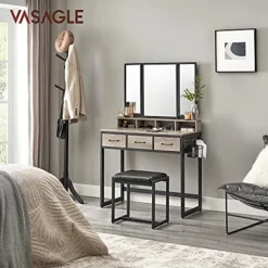 Pavil Sminkbord>VASAGLE Sminkbord med vadderad pall, trippelspegel, 3 lådor, grå och svart