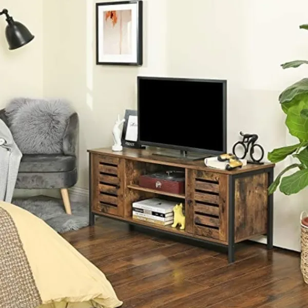 Pavil Tv-Bänkar>VASAGLE TV-bänk, TV-konsolenhet med hyllor, skåp, rustikt brunt och svart