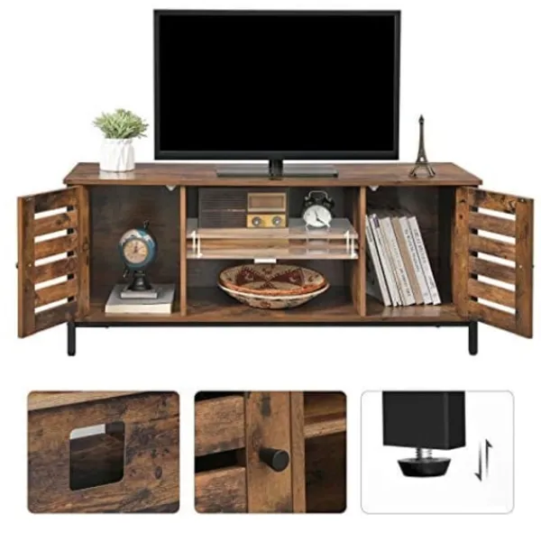 Pavil Tv-Bänkar>VASAGLE TV-bänk, TV-konsolenhet med hyllor, skåp, rustikt brunt och svart