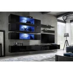 AC-DÉCO Tv-Bänkar>Väggenhet - FLY J - 3 LED-förvaringsenheter - 2 TV-skåp - 2 hyllor - Svart - Modell 2
