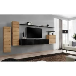 AC-DÉCO Tv-Bänkar>Väggenhet - Switch I - 3 vertikala vitriner - 1 TV-bänk - 3 vägghyllor - - Modell 1