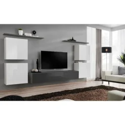 AC-DÉCO Tv-Bänkar>Väggenhet - Switch IV - 1 monter - 1 TV-bänk - 2 hyllor - Vit och grafit - Modell 1