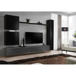 AC-DÉCO Tv-Bänkar>Väggenhet - Switch VIII - 2 fyrkantiga montrar - 1 vertikal monter - 2 tv-bänkar - 1 hylla - Svart och grafit - Modell 2