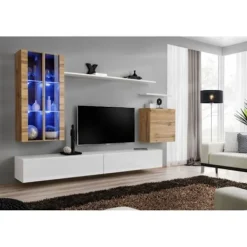 AC-DÉCO Tv-Bänkar>Väggenhet - Switch XII - 2 LED-montrar - 2 TV-bänkar - 1 fyrkantig monter - 3 hyllor - Trä och vitt - Modell 1