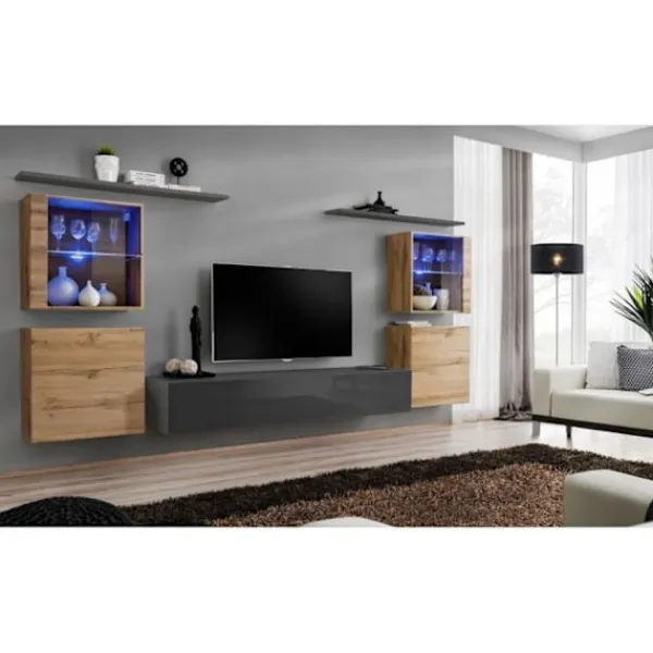 AC-DÉCO Tv-Bänkar>Väggenhet - Switch XIV - 4 montrar - 1 TV-bänk - 2 hyllor - Trä och grafit - Modell 1