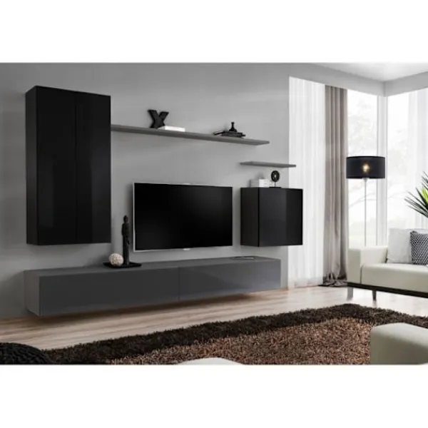 AC-DÉCO Tv-Bänkar>Väggenhet - Switch XX - 1 LED-display - 1 TV-bänk - 1 vägghylla - Svart och grafit - Modell 2