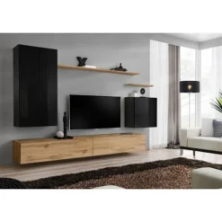 AC-DÉCO Tv-Bänkar>Väggenhet - Switch XX - 1 LED-display - 1 TV-bänk - 1 vägghylla - Trä och svart - Modell 2