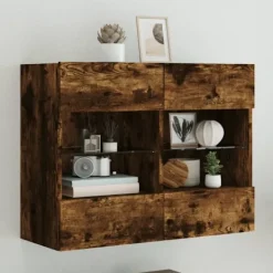 vidaXL Tv-Bänkar>Väggmonterad tv-bänk LED rökfärgad ek 78,5x30x60,5 cm