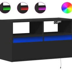 vidaXL Tv-Bänkar>Väggmonterad tv-bänk LEDs svart 80x31x45 cm