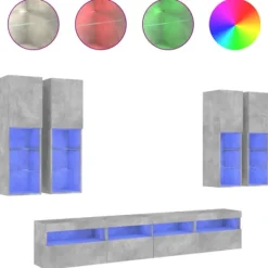 vidaXL Tv-Bänkar>Väggmonterade tv-skåp 7 delar med LEDs betonggrå