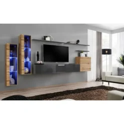 AC-DÉCO Tv-Bänkar>Väggmonterat kit - Switch XI - 2 LED-vitriner - 1 TV-bänk - 1 fyrkantig vitrinskåp - 3 hyllor - Trä och grafit - Modell 1