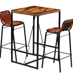 vidaXL Matgrupper>Bargrupp 3 delar massivt återvunnet trä och äkta getskinn