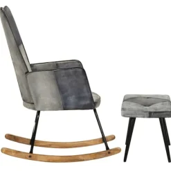 vidaXL Fåtöljer>Gungstol med fotpall äkta läder och kanvas