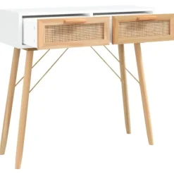 vidaXL Sminkbord>Konsolbord 80x30x75 cm massiv furu och naturlig rotting