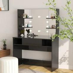vidaXL Sminkbord>Sminkbord med LED-belysning 100x40x135 cm MDF glänsande