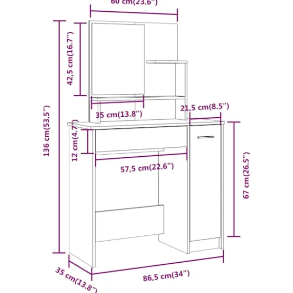 vidaXL Sminkbord>Sminkbord med spegel 86,5x35x136 cm