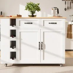 Köksö>Vit multifunktionell köksö med konservöppnare & vinställ – köksvagn/bufféskåp i träoptik