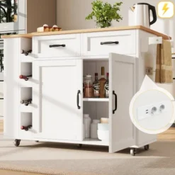 Köksö>Vit multifunktionell köksö med konservöppnare & vinställ – köksvagn/bufféskåp i träoptik