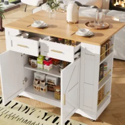 Köksö>Vit multifunktionell köksö med trästruktur – bufféskåp & serveringsvagn med stretchfunktion & integrerat matbord