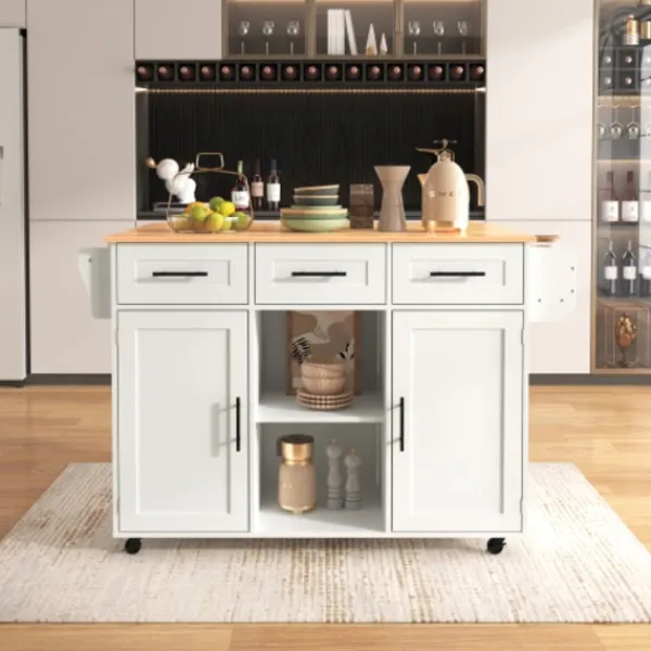 Köksö>Vit serveringsvagn 139 cm med massiv träskiva – hopfällbar arbetsyta & hjul – köks-/matsalsdekorationer