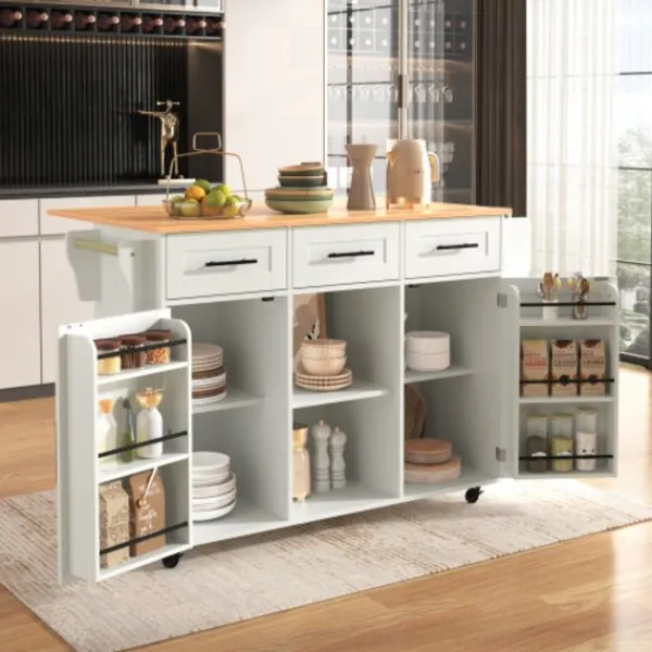 Köksö>Vit serveringsvagn 139 cm med massiv träskiva – hopfällbar arbetsyta & hjul – köks-/matsalsdekorationer