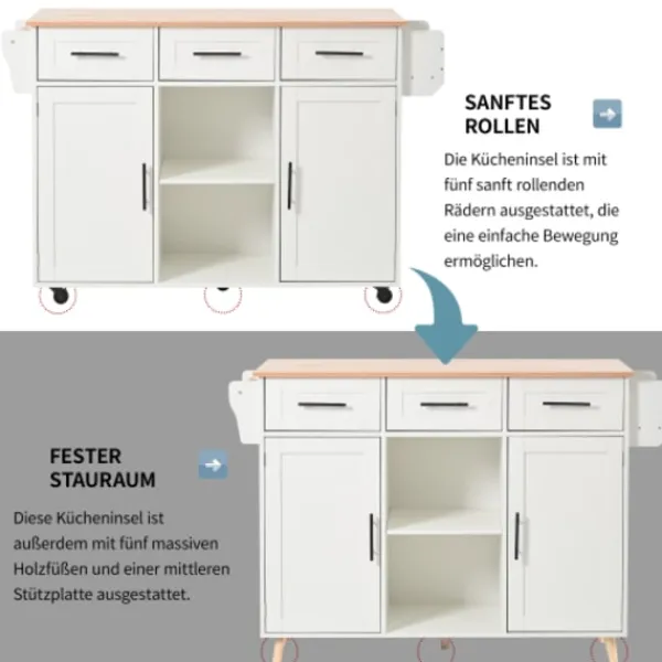 Köksö>Vit serveringsvagn 139 cm med massiv träskiva – hopfällbar arbetsyta & hjul – köks-/matsalsdekorationer