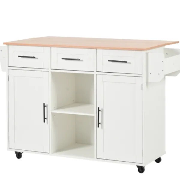 Köksö>Vit serveringsvagn 139 cm med massiv träskiva – hopfällbar arbetsyta & hjul – köks-/matsalsdekorationer