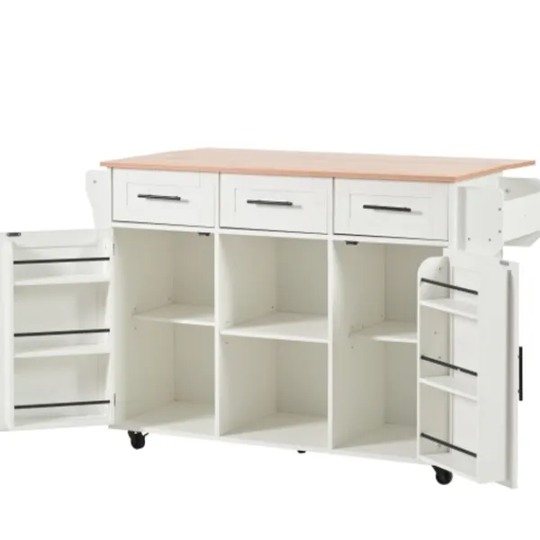 Köksö>Vit serveringsvagn 139 cm med massiv träskiva – hopfällbar arbetsyta & hjul – köks-/matsalsdekorationer