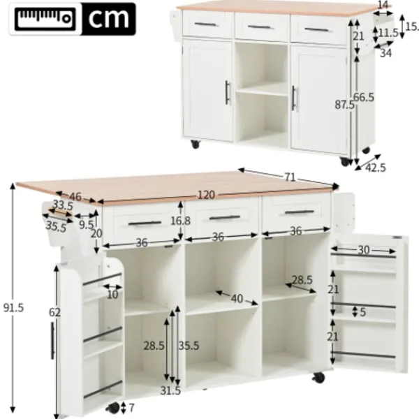 Köksö>Vit serveringsvagn 139 cm med massiv träskiva – hopfällbar arbetsyta & hjul – köks-/matsalsdekorationer