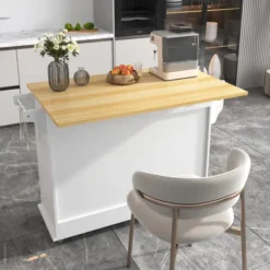 Köksö>Vit serveringsvagn 112cm – Fällbar massiv träskiva & förvaringsdörrar – Med hjul/träfötter för kök/matsal