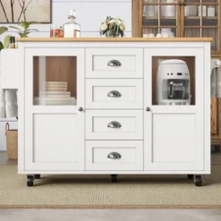 Köksö>Vit/Svart köksö 120x45x93 cm – utdragbar vagn med kryddhylla, handdukshängare & 4 lådor