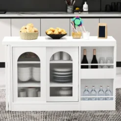 Köksö>Vitt barbord, utdragbart & 360° roterbart - med förvaringsutrymme, glasdörr & skänk