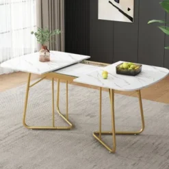 Matbord>Vitt förlängningsbart matbord med marmorstruktur, förgyllda bordsben i metall, förlängningsbart matbord 140/180*80 cm, utsökt lyxstil