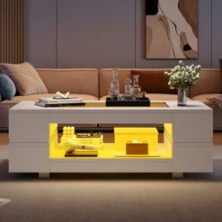 Soffbord>Vitt LED soffbord med Bluetooth-appstyrning, soffbord, vardagsrumsbord, lämpligt för fest, kontor, vardagsrum