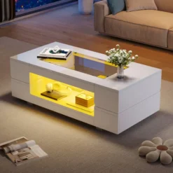 Soffbord>Vitt LED soffbord med Bluetooth-appstyrning, soffbord, vardagsrumsbord, lämpligt för fest, kontor, vardagsrum