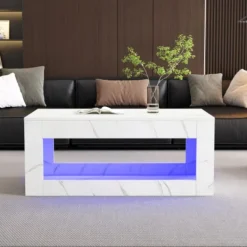 Soffbord>Vitt LED soffbord med marmortryck - Högglansigt vardagsrumsbord med fjärrkontroll - Modernt soffbord i premiumkvalitet