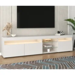 Tv-Bänkar>Vitt modernt TV-skåp, ljus panel, variabel LED-belysning, vardags- och matrum 180cm