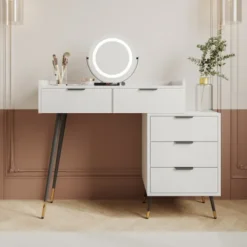 Sminkbord>Vitt sminkbord med justerbar LED-spegel – 5 lådor & sidoskåp – Sminkbord för sovrum (utan stolar)