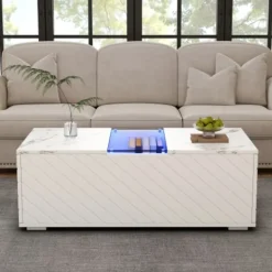 Soffbord>Vitt soffbord 100x50cm - LED-belysning med marmoroptik - 2 lådor, 20kg lastkapacitet - Modernt glasbord (höjd 35cm)