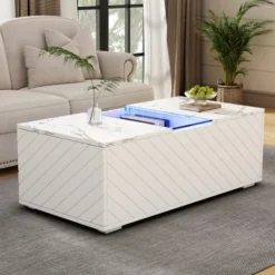 Soffbord>Vitt soffbord 100x50cm - LED-belysning med marmoroptik - 2 lådor, 20kg lastkapacitet - Modernt glasbord (höjd 35cm)