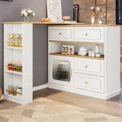 Köksö>Vitt utdragbart barbord med förvaringsutrymme (125-181×39×104,5 cm) – modern 360° roterande köksö med glashyllor & hög bordsfunktion