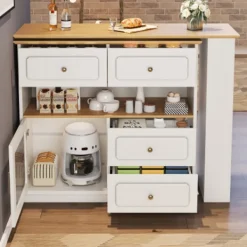 Köksö>Vitt utdragbart barbord med förvaringsutrymme (125-181×39×104,5 cm) – modern 360° roterande köksö med glashyllor & hög bordsfunktion