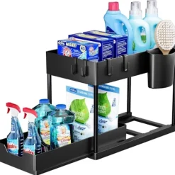 Småbord>2-vånings förvaring under diskbänken med utdragbara lådor, köksglidskena under diskbänken, multifunktionell badrumsorganisatör under diskbänken - Svart | Fyndiq