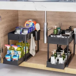 Småbord>2-vånings förvaring under diskbänken med utdragbara lådor, köksglidskena under diskbänken, multifunktionell badrumsorganisatör under diskbänken - Svart | Fyndiq