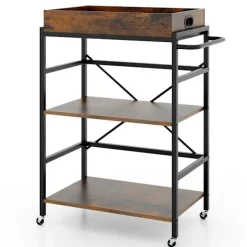 Northix Småbord>3-vånings serveringsvagn köksvagn med avtagbar bricka & handtag 73 x 40 x 94 cm brun + svart