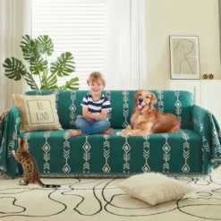 Soffor>180x130cm Boho Soffaöverdrag Mörkgrön Chenille Soffaöverdrag Form Soffaöverdrag Vit Geometrisk Sektions Soffaöverdrag