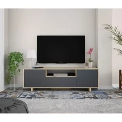 Tv-Bänkar>ZAIRA TV-skåp - Antracit och ek melamin - 3 dörrar - L150 x D41 x H46 cm